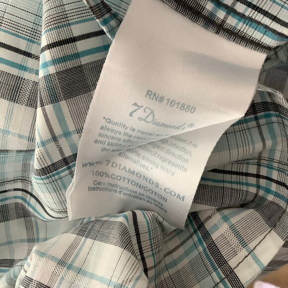 7 Diamonds Blue Gray White Plaid Short Sleeve Button Up Shirt XL - Picture 10 of 11